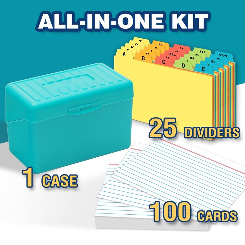 H4D 4x6 Index Card Holder with 100 Heavyweight Ruled Index Cards and 25 Plastic Dividers, Teal - Image 2